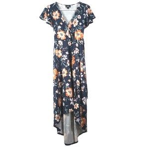 Ladies Sz XS Hi Low Navy Blue Floral Soft Stretchy Dress Tie Waist Cowl Neck